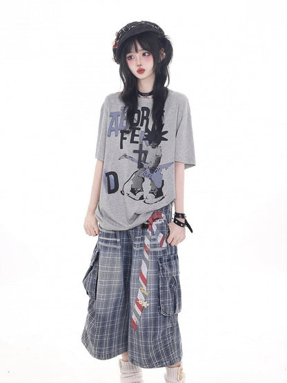 Blue Plaid Denim Wide Leg Cropped Pants with Belt Print - KNOW8 Online Shop