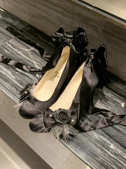 Black Lolita Shoes 9.5cm High Heels with Bowknot at Back and Rose Embellished - Cheese Mango