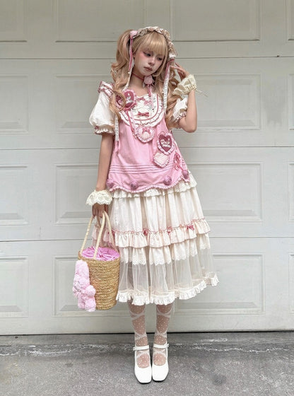 Cream Layered Ruffle High Waist Sweet Lolita Dress with Tulle Hem - Bodhi Original Design