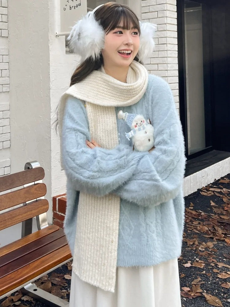 Cute Snowman Adorned Blue Mohair Soft Sweater