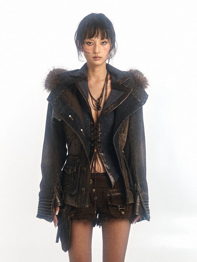 Trim Hooded Denim Grey Version Hood Detachable Brown Fur Jacket - Regular/Padded