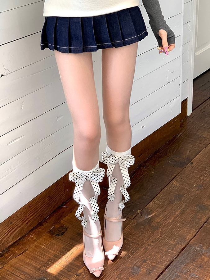 Unterkniestrümpfe mit Polka-Dot-Muster, weiß/schwarz, Schleifendesign