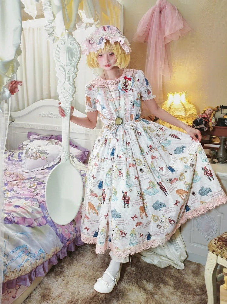 Rose Alice in Wonderland Print Round Neck Sweet Gown with Drawstring Waist - Forest Fairy Tales