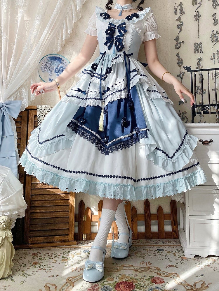 and Floral JSK Dark Lolita Sleeves Dress Embellished Flutter Blue Bow