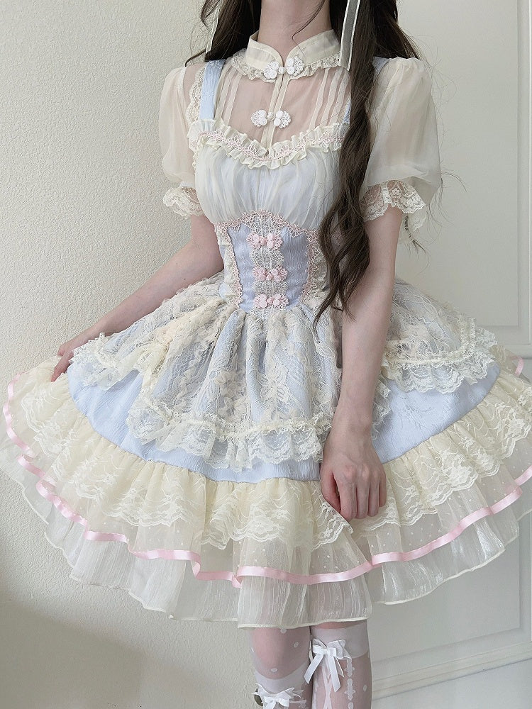 Chinoiserie Trim Dress Lolita Lace Blue Ballet-Inspired Frog Cute Button JSK