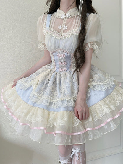 Chinoiserie Trim Dress Lolita Lace Blue Ballet-Inspired Frog Cute Button JSK
