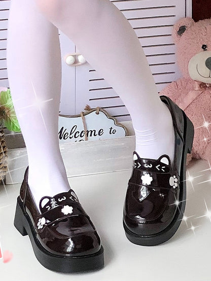 Shoes Slip-On Embroidered Ear Paws Kitty Mid-heel Accents with Brown Polished