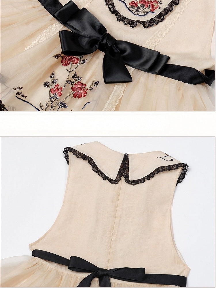 Han Lolita Sleeveless Dress with Floral Bird Print and Embroidery - Yimu Walnut