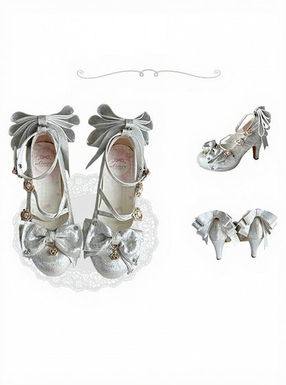 Sparkling Satin Silver 8.5cm High Heels with Crown Buckle and Bowknot - Aimee