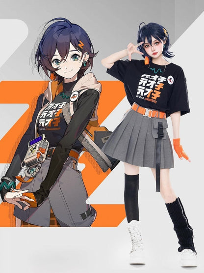 Gradient White Sleeve Short Print Top With Letter Orange Black