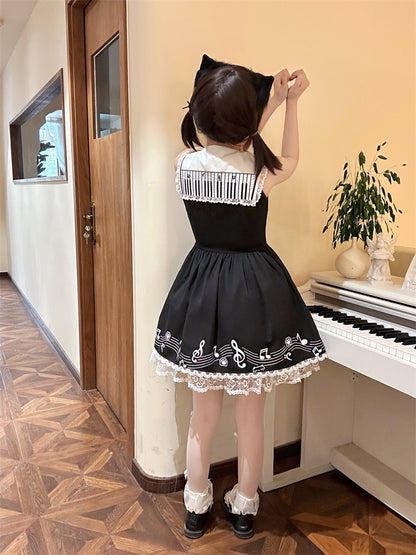 Design Ärmelloses Melodic Kitty Schwarzes Matrosenkragen-Keyboardkleid Zurück