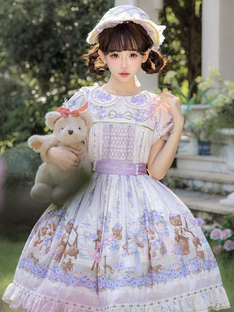 Cute Bear Print OP Dress with Purple Floral Embroidery, Doll Collar & Puff Sleeves - Stars Fall on the Foggy Island
