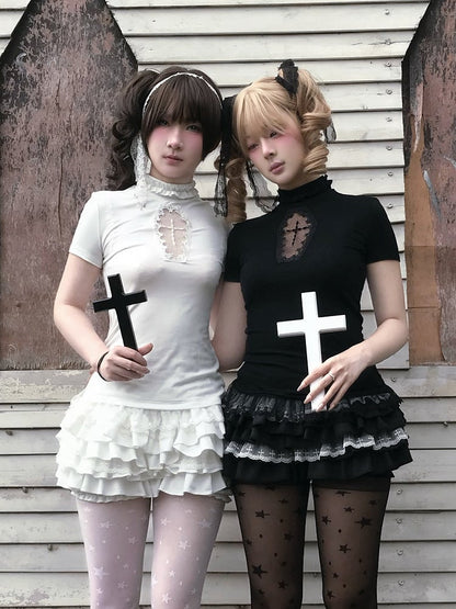 Tiered Cross Skort Gothic Black/White Elastic Waist Lace Trim Bloomers