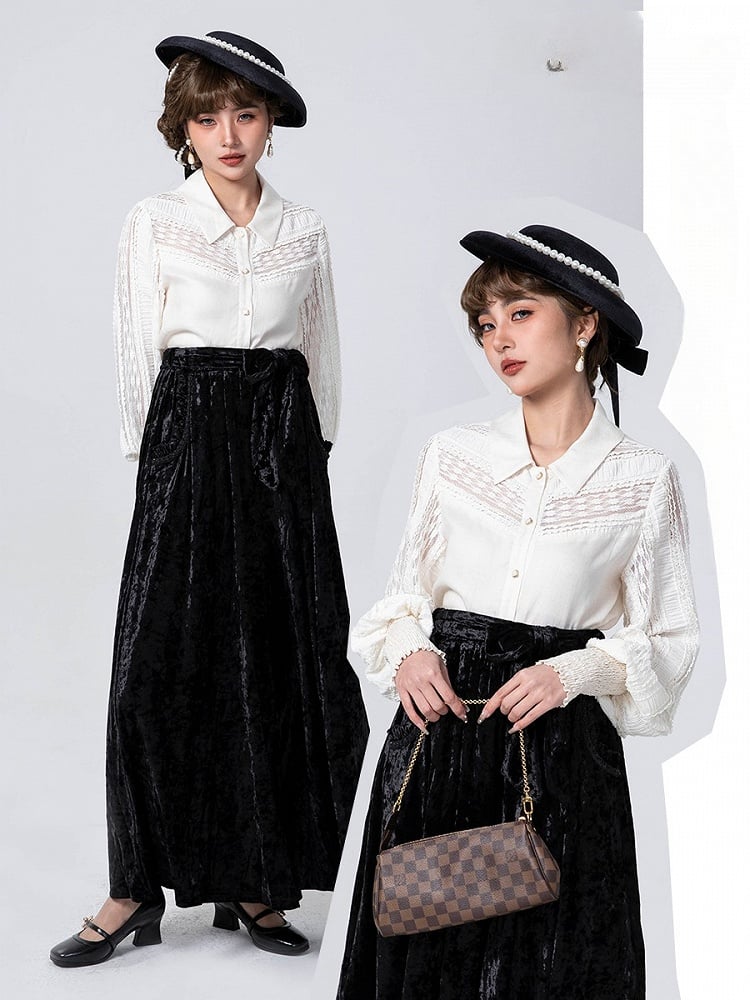 Sleeves Patches Lace Beige Contrast Blouse Lolita Balloon