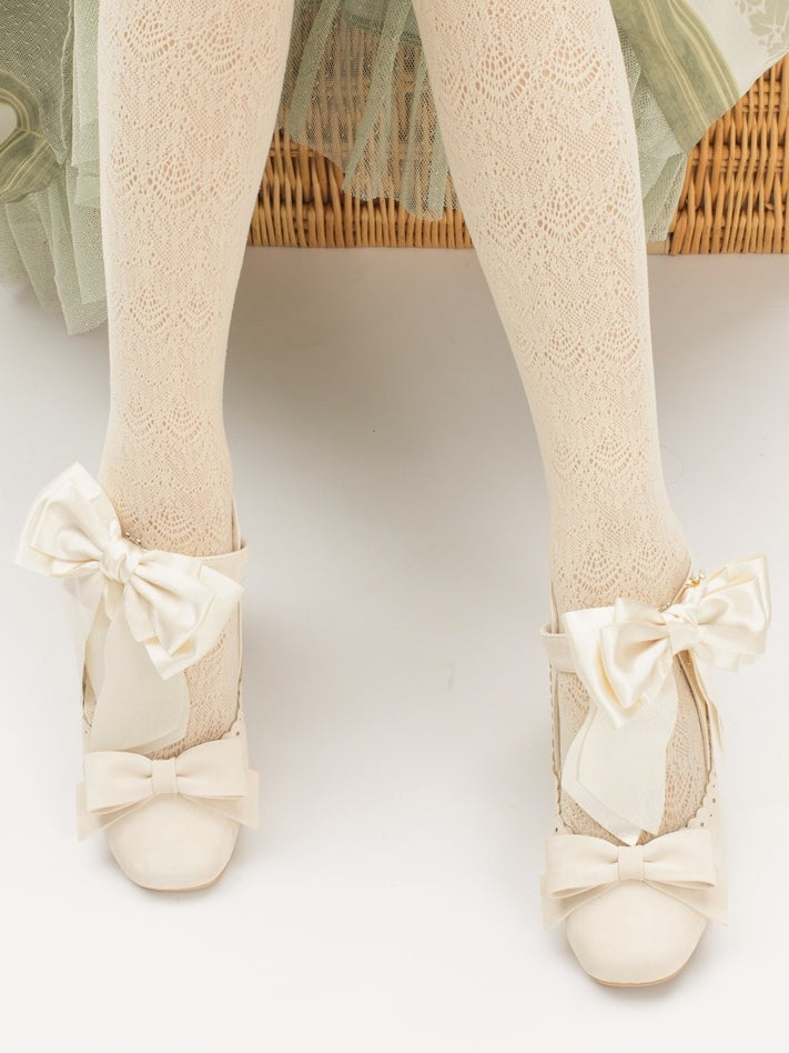 Embellishments Bow Shoes High Heel Delicate Block Classic Beige Lolita - Design