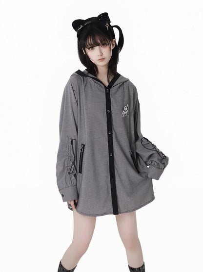 White Plaid Panda Embroidery Drawstring and Black Cuffs Hooded Top