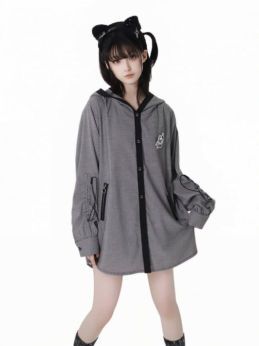 White Plaid Panda Embroidery Drawstring and Black Cuffs Hooded Top