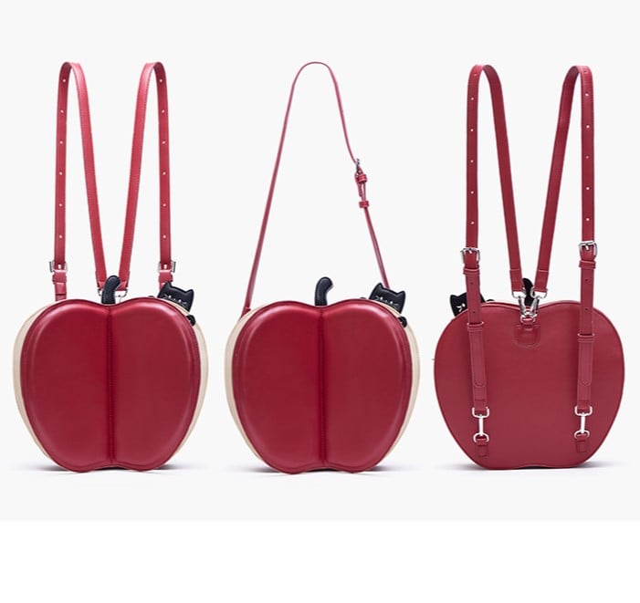 With Moon  Star Core And Cat Embroidery Red 2-Way Apple Flip Backpack Playful
