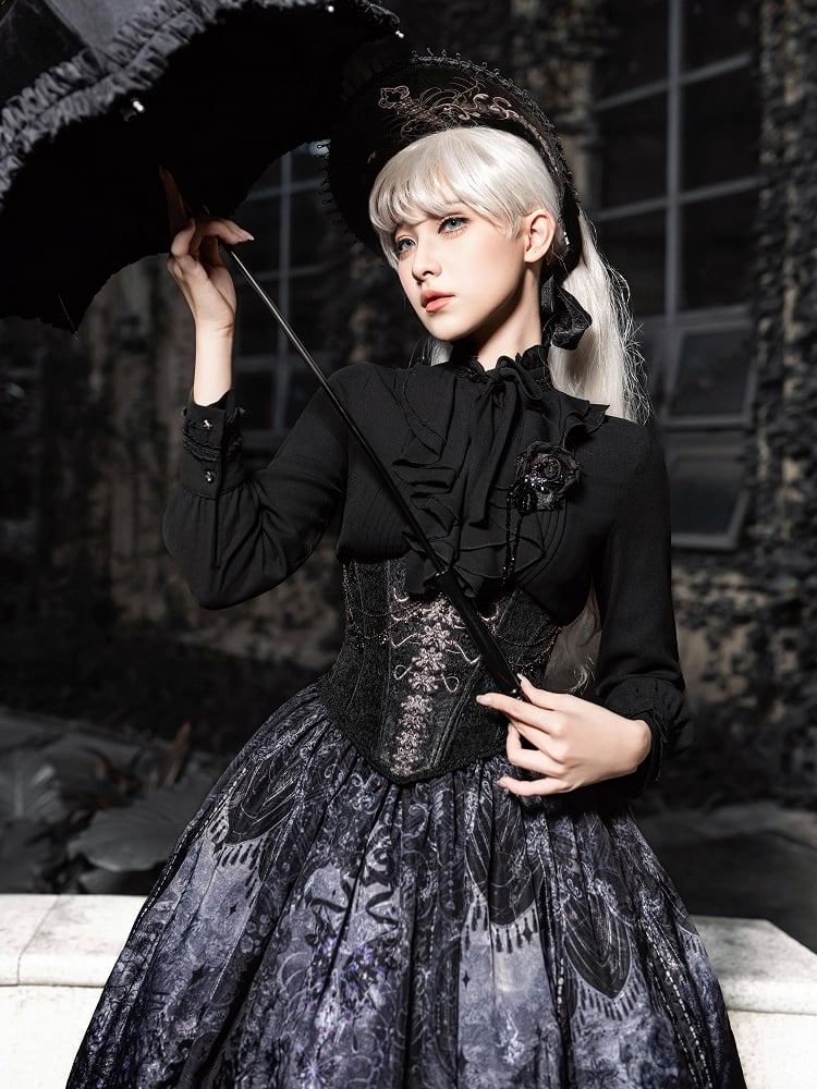 Jabot Sleeves with Details Shirt Long Collar Pleated Black