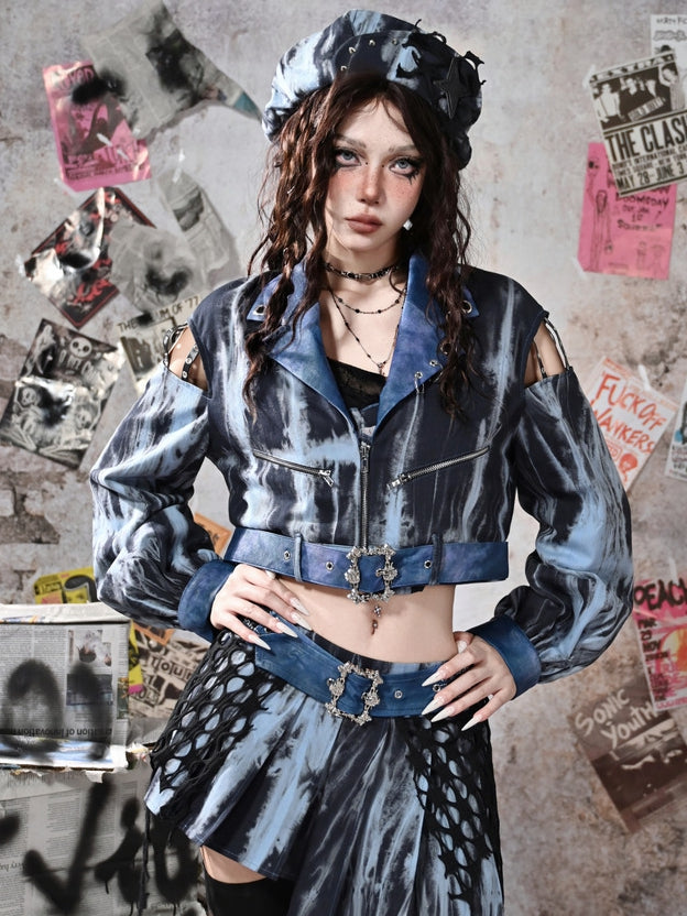 Grunge Punk Rock Blaue Cutout-Ärmel Tie Dye PU-Motorradjacke mit kostenlosem Gürtel