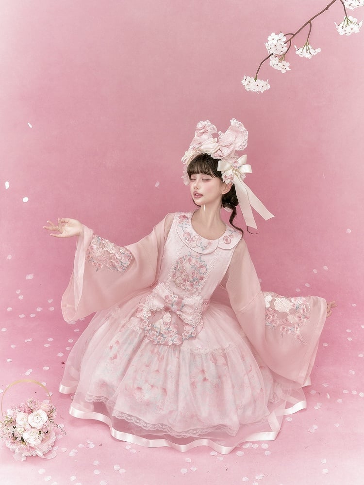 Chinoiserie Pink Lolita Bell-Sleeve Embroidery Top - Yimu Walnut