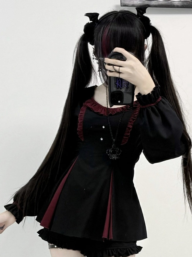Jirai Kei Outfit Set Black Red Ruffle Dress Shorts Collar Bow Charms - Cotton Candy