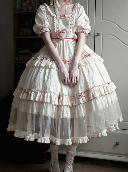 Cream Layered Ruffle High Waist Sweet Lolita Dress with Tulle Hem - Bodhi Original Design