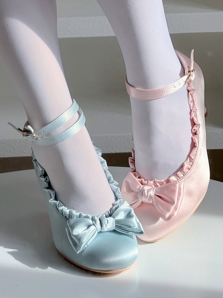 Trim Lolita Ruffles Sophisticated Blue Satin Straps Mid - Heels Convertible with Ankle