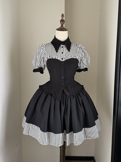 White Stripes Black Short Puff Sleeves Gothic Lolita Blouse - Flower Fairy Daily
