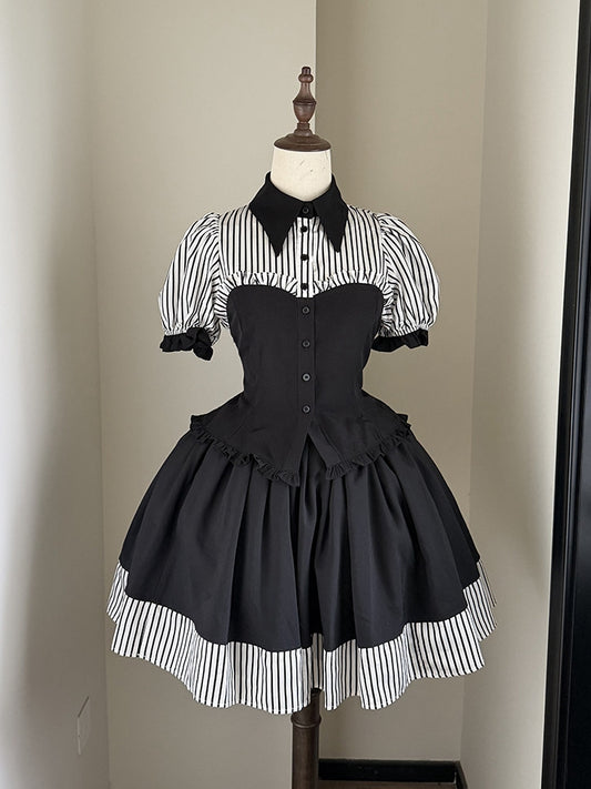White Stripes Black Short Puff Sleeves Gothic Lolita Blouse - Flower Fairy Daily