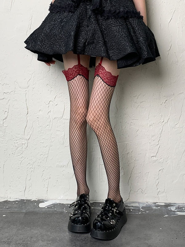 Punk Black Y2K Fishnet Suspender Tights with Red Lace Trim