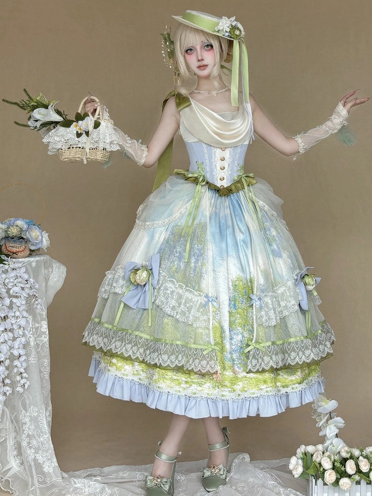 Art Print Skirt Classic Lolita Cowl Neck JSK Dress with Removable Overlay - Moonlight Dream