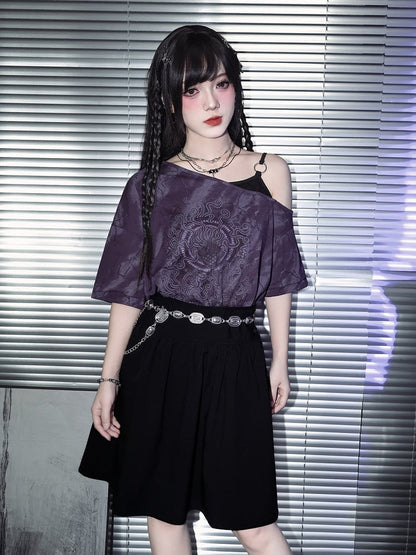 Gothic Purple Faux Two-Piece Off-Shoulder Tee with Sea Lily Print - Quirky Hut