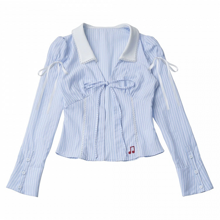 Sky Blue Embroidered Stripe Blouse with Lace Collar and Music Motif - PINK SAVIOR