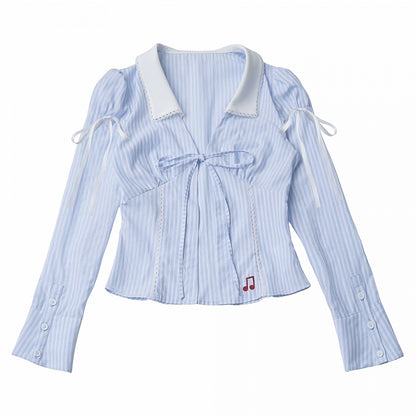 Sky Blue Embroidered Stripe Blouse with Lace Collar and Music Motif - PINK SAVIOR