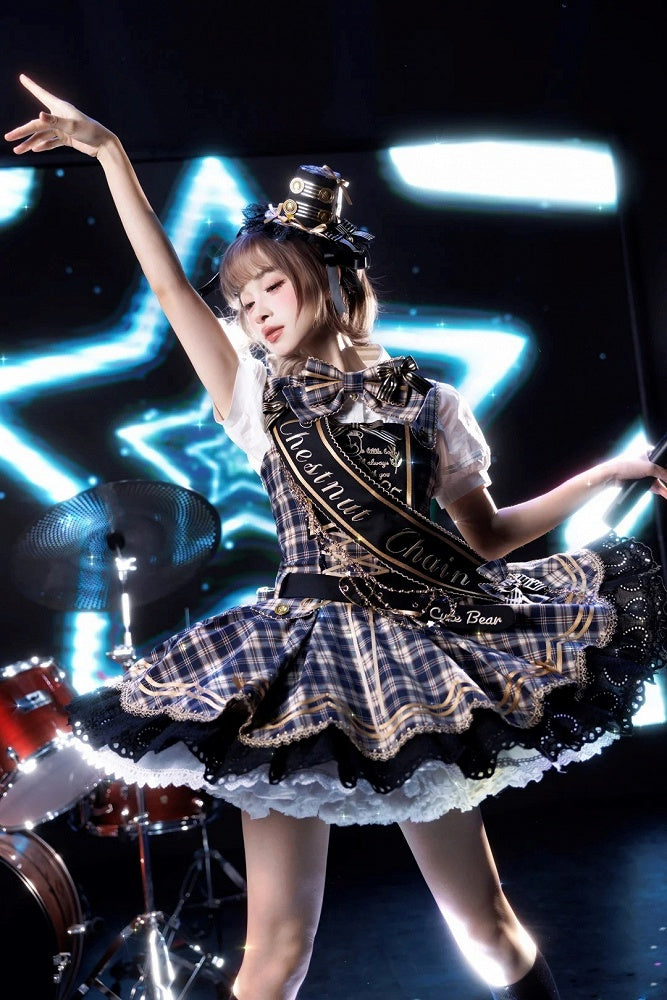Blue Idol Lolita Plaid JSK Dress with Golden Bear Embroidery and Black Scalloped Hem - LiLi Chain
