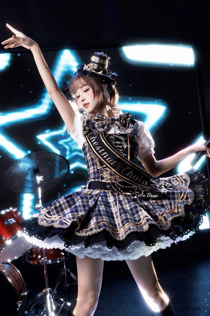 Blue Idol Lolita Plaid JSK Dress with Golden Bear Embroidery and Black Scalloped Hem - LiLi Chain