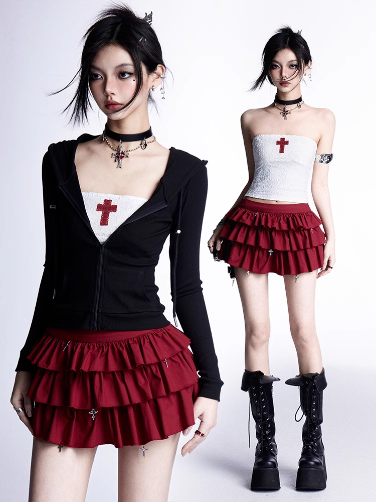 Tiered Skirt Red Cross Applique White Cropped Charms Strapless Top/Red Cross Gothic