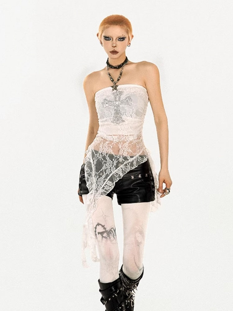 Sheer Tube White Lace Punk Y2K Top with Rhinestone Cross