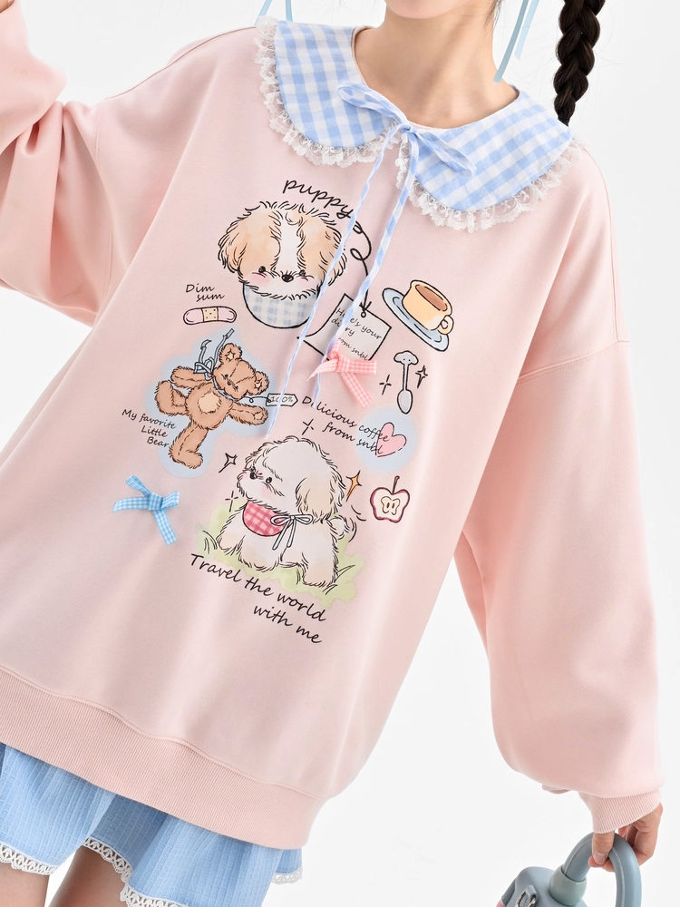 Adorable Cartoon Puppy Print Pink Round Loose Neck Sweatshirt