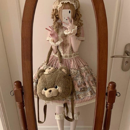 Lolita Teddy Face Large Plush Bear Brown/Pink/White Backpack/Handbag