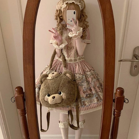 Lolita Teddy Face Large Plush Bear Brown/Pink/White Backpack/Handbag