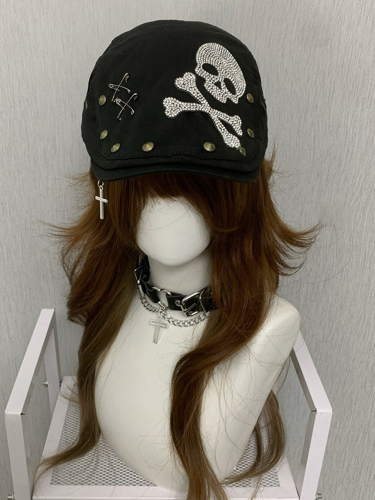 Studs Hat Pin Rhinestone Skeleton Punk Decorated And Black Details Beret