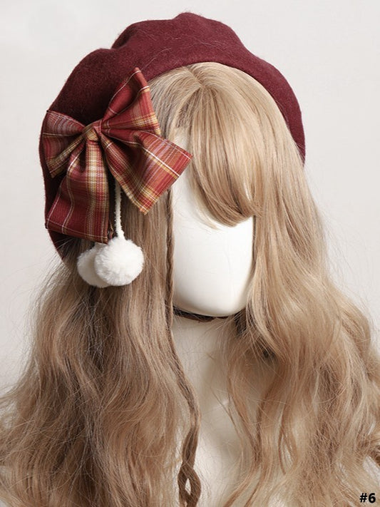 14 Color Options Plaid Bow Beret with Pom-Pom Accents