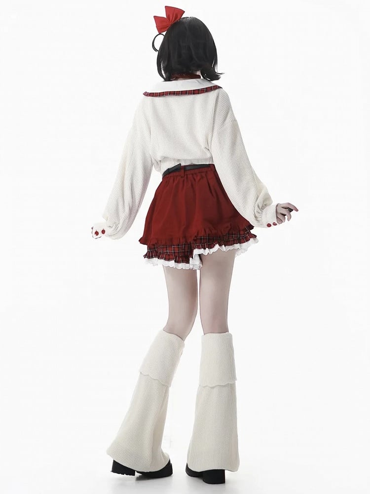 Collar with Crop and Sweatshirt Red Apple Regular/Thicken Embroidery Plaid Knit White