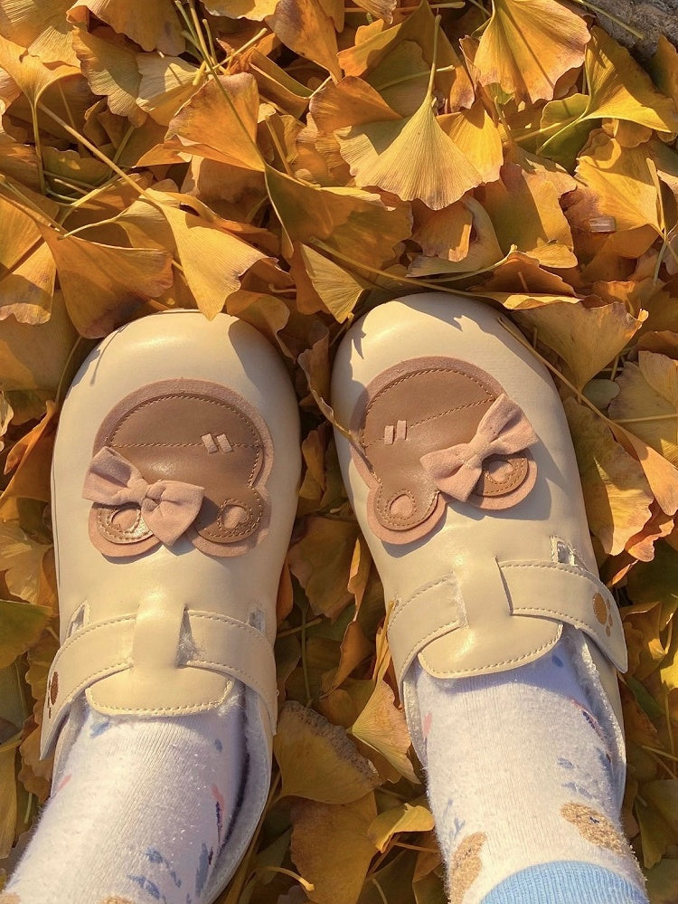 Flats Strap Bear Velcro Paw Closures Embroidery Bow Apricot - Sweet Accent Brown at Top