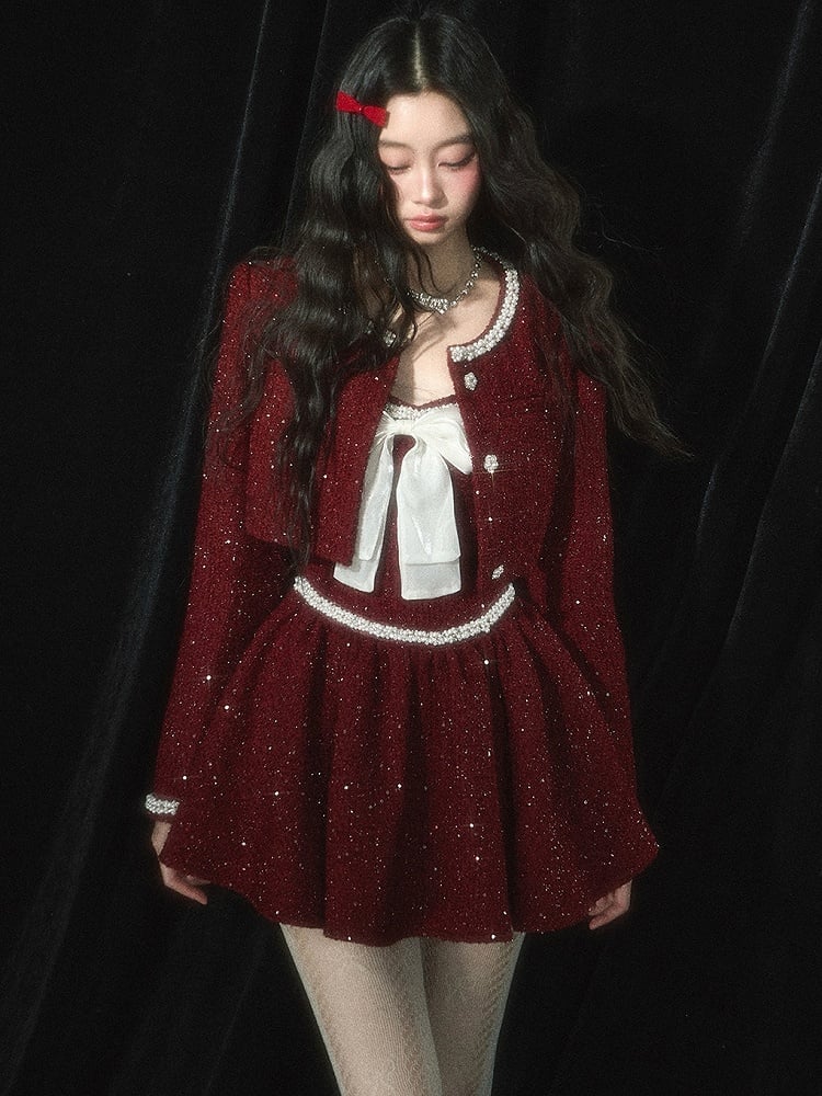 Weihnachtsrotes Tweed-Unterkleid mit Schleife und Perlendetails