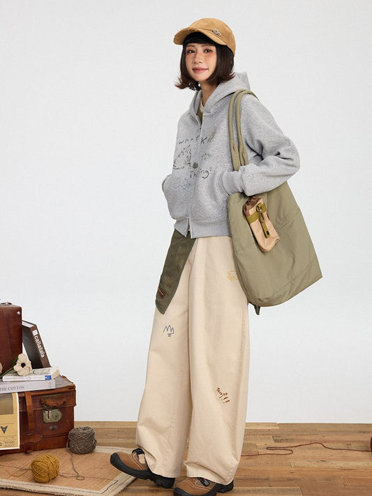 Wide-leg Beige for Pants Cute Autumn Winter Cut - Vintage Embroidery