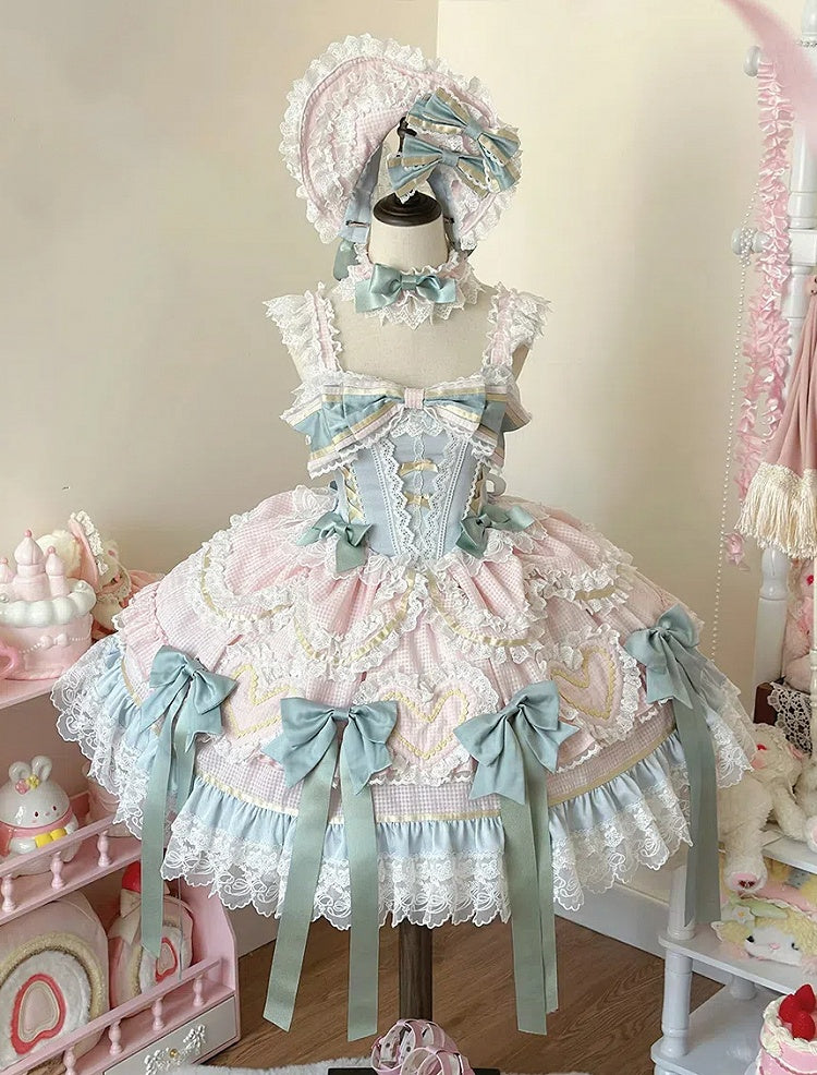 Mintgrünes Schleifen-Rosa und Blaues süßes Lolita-Korsettkleid mit Choker
