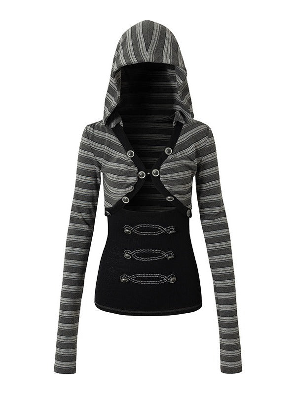 Black Striped V-Neck Hooded Knit Top with Long Sleeves & Faux Two-Piece Punk Style - NO ROMANCE
